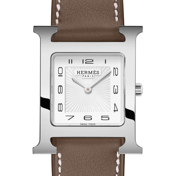 HERMÈS Heure H Medium Model watch quartz white dial taupe leather strap 30 mm W052404WW00