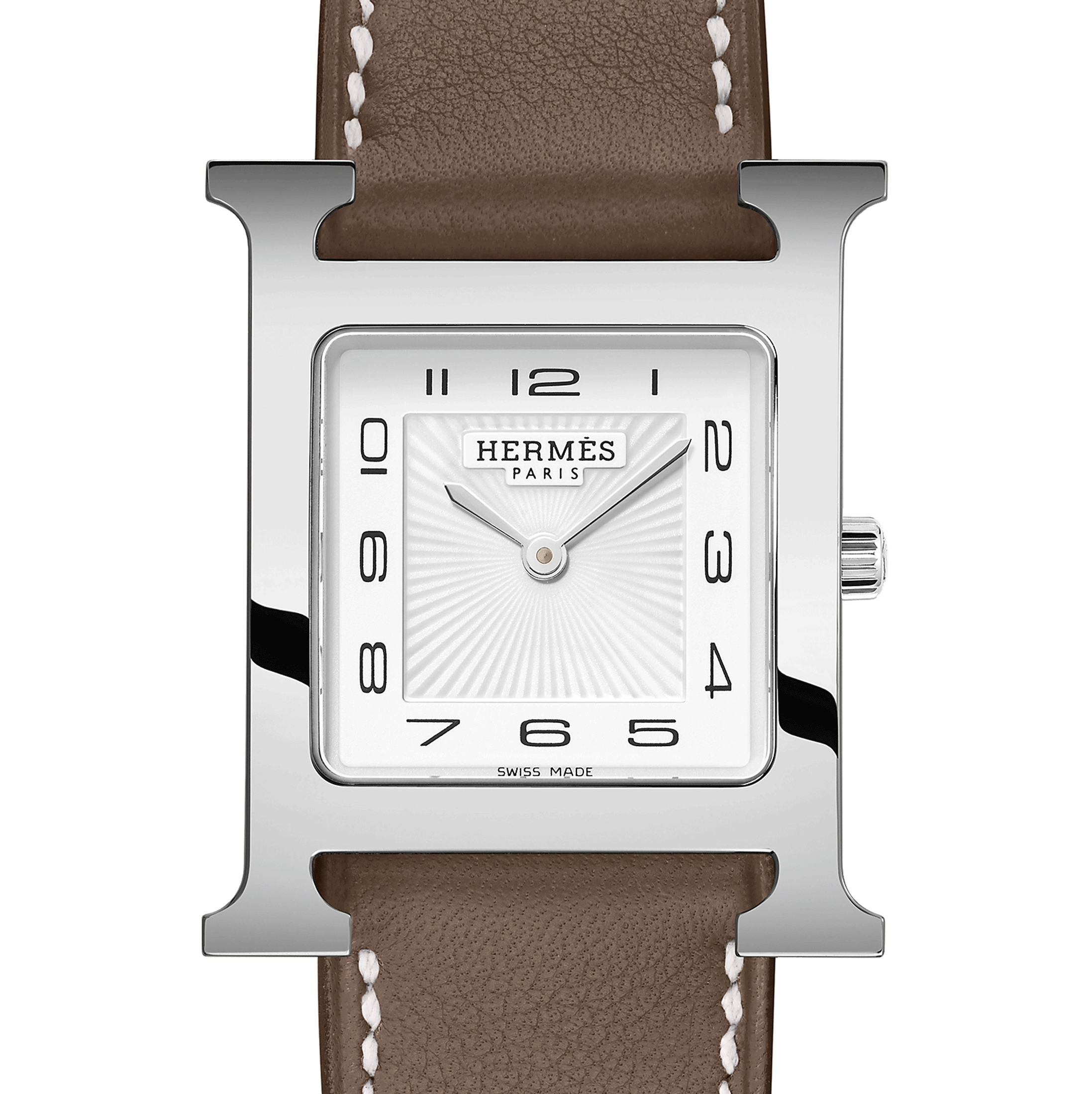 HERMÈS Heure H Medium Model watch quartz white dial taupe leather strap 30 mm W052404WW00