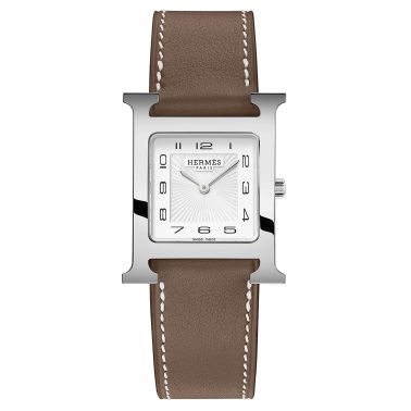 HERMÈS Heure H Medium Model watch quartz white dial taupe leather strap 30 mm W052404WW00