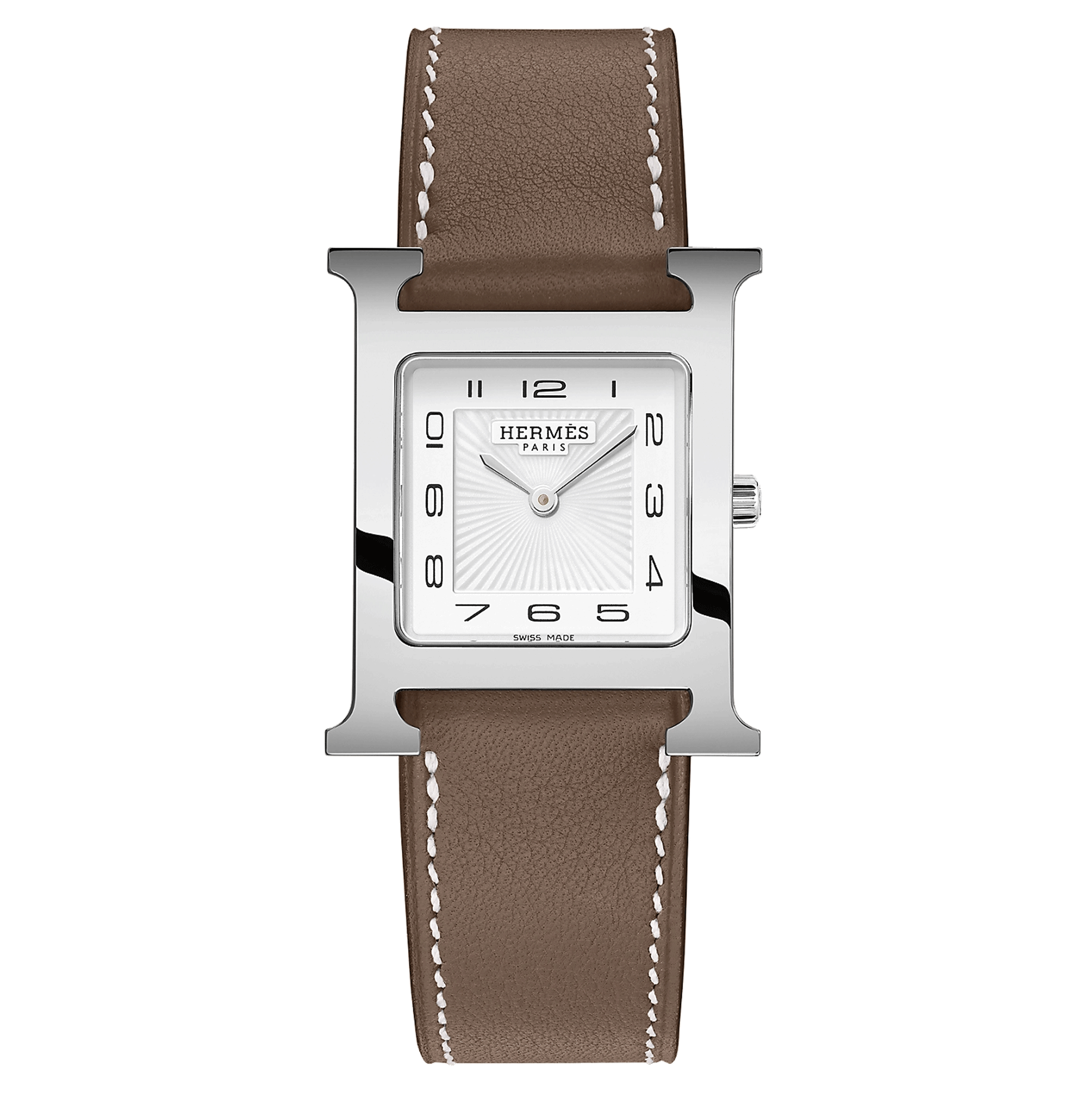 HERMÈS Heure H Medium Model watch quartz white dial taupe leather strap 30 mm W052404WW00
