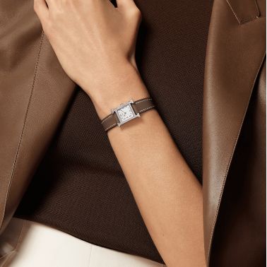 Montre HERMÈS Heure H Mini Modèle sertie quartz cadran nacre blanche bracelet cuir taupe 21 mm W053023WW00