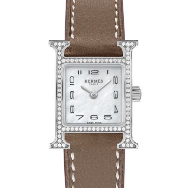 Montre HERMÈS Heure H Mini Modèle sertie quartz cadran nacre blanche bracelet cuir taupe 21 mm W053023WW00