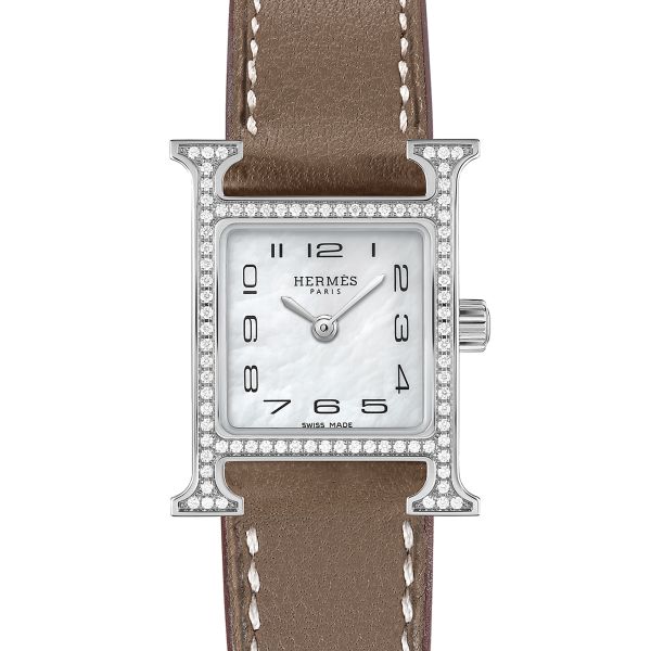 Montre HERMÈS Heure H Mini Modèle sertie quartz cadran nacre blanche bracelet cuir taupe 21 mm W053023WW00