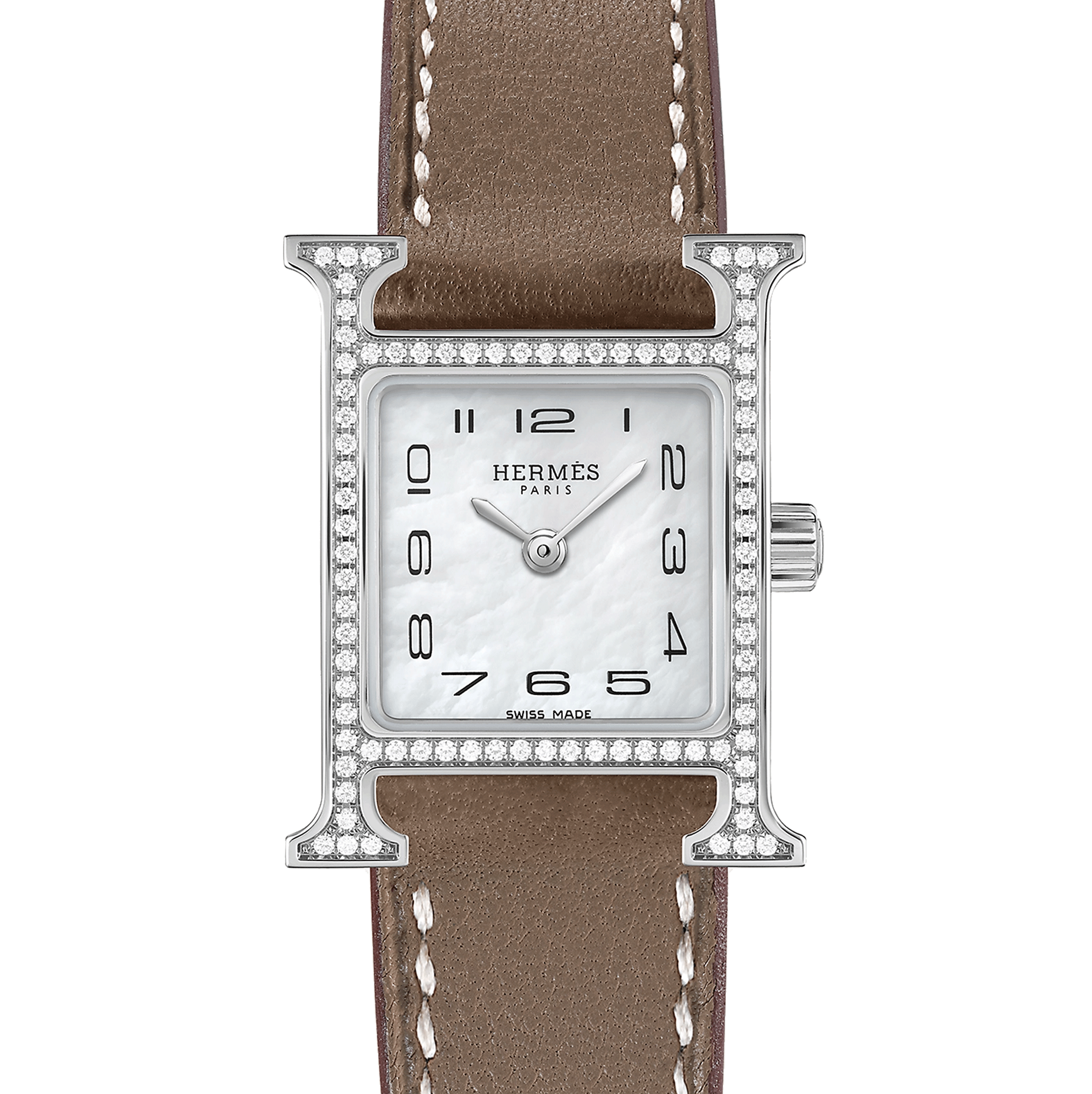 Montre HERMÈS Heure H Mini Modèle sertie quartz cadran nacre blanche bracelet cuir taupe 21 mm W053023WW00