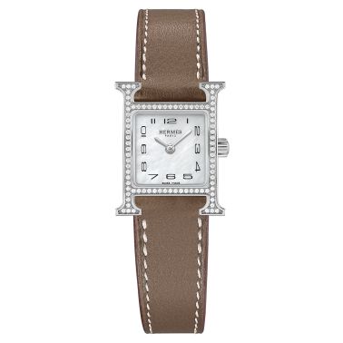 Montre HERMÈS Heure H Mini Modèle sertie quartz cadran nacre blanche bracelet cuir taupe 21 mm W053023WW00