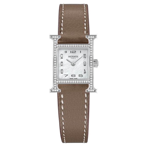 Montre HERMÈS Heure H Mini Modèle sertie quartz cadran nacre blanche bracelet cuir taupe 21 mm W053023WW00