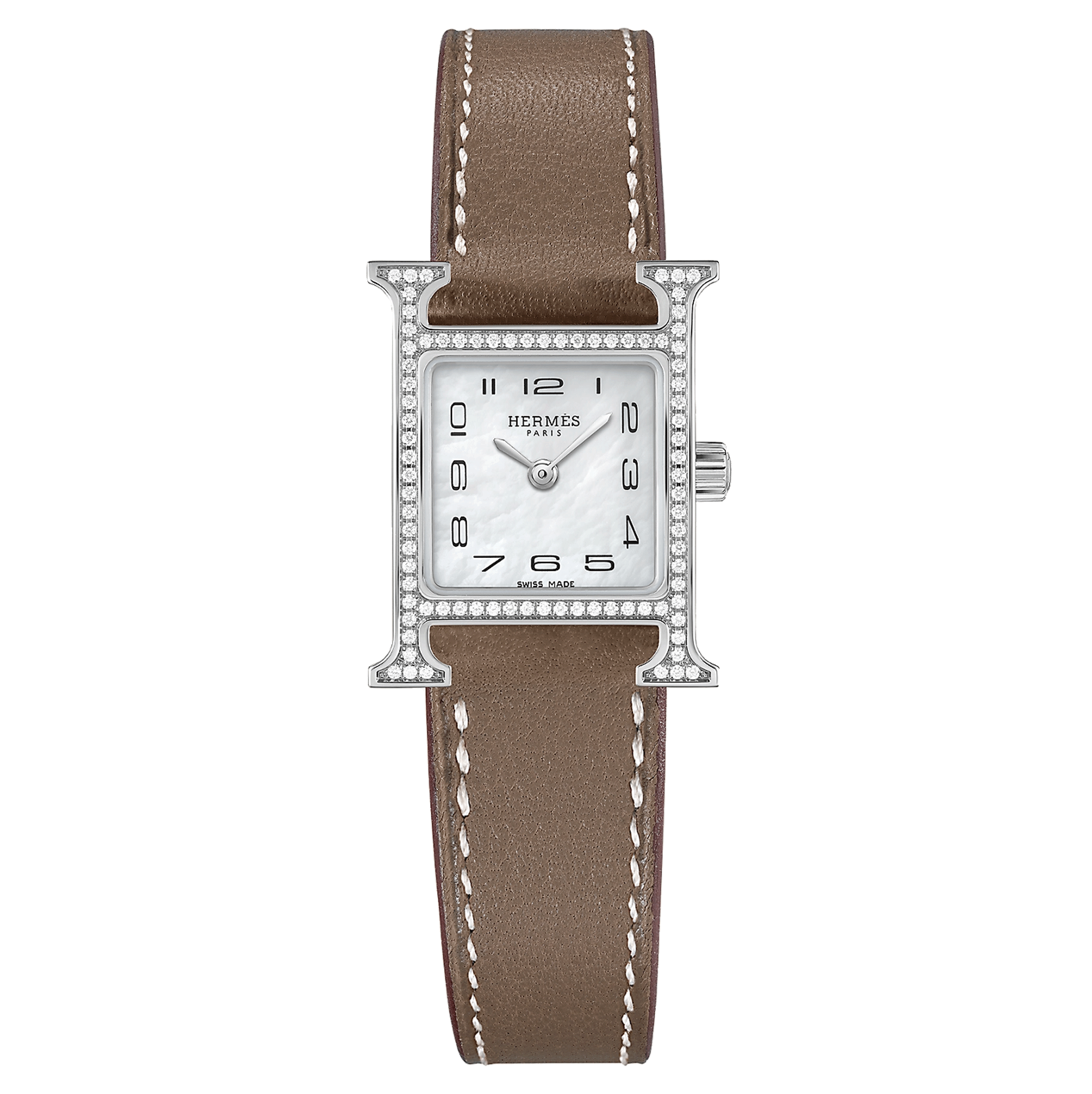 Montre HERMÈS Heure H Mini Modèle sertie quartz cadran nacre blanche bracelet cuir taupe 21 mm W053023WW00