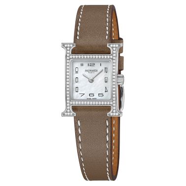 Montre HERMÈS Heure H Mini Modèle sertie quartz cadran nacre blanche bracelet cuir taupe 21 mm W053023WW00