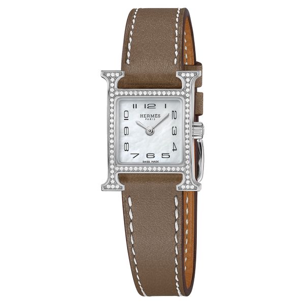 Montre HERMÈS Heure H Mini Modèle sertie quartz cadran nacre blanche bracelet cuir taupe 21 mm W053023WW00
