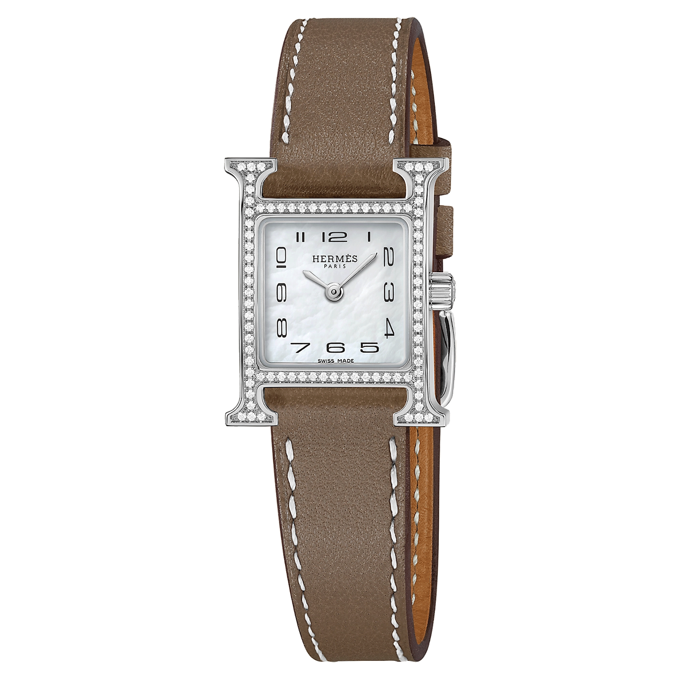 Montre HERMÈS Heure H Mini Modèle sertie quartz cadran nacre blanche bracelet cuir taupe 21 mm W053023WW00