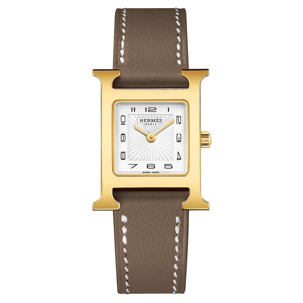 HERMÈS Heure H Small Model watch PVD quartz white dial taupe leather strap 25 mm