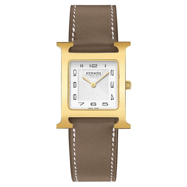 Montre HERMÈS Heure H Moyen Modèle PVD quartz cadran blanc bracelet cuir taupe 30 mm W055628WW00