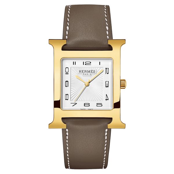HERMÈS Heure H Small Model PVD quartz white dial taupe leather strap 34 mm
