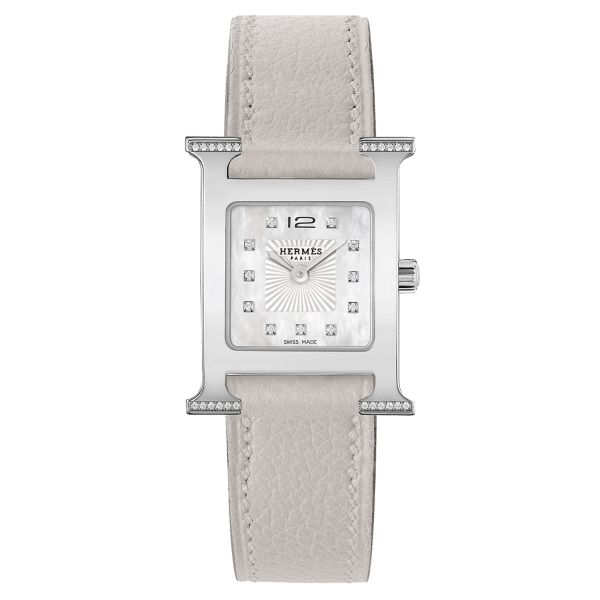 Montre HERMÈS Heure H Petit Modèle sertie quartz index diamants cadran nacre blanche bracelet cuir gris 25 mm W057569WW00