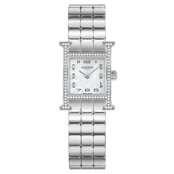 Montre HERMÈS Heure H Mini Modèle sertie quartz cadran nacre blanche bracelet acier 21 mm W054118WW00