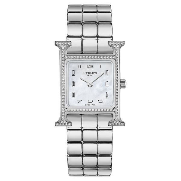 HERMÈS Heure H Small Model watch quartz-set white mother-of-pearl dial stainless steel bracelet 25 mm