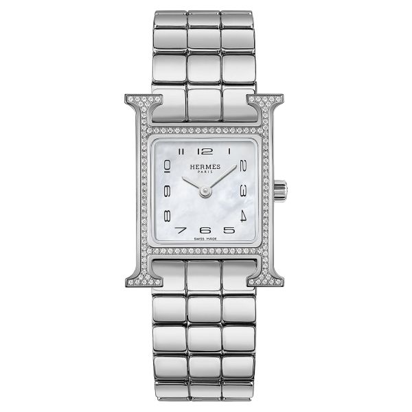 Montre HERMÈS Heure H Petit Modèle sertie quartz cadran nacre blanche bracelet acier 25 mm W053017WW00