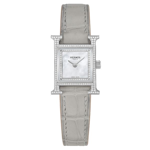 Montre HERMÈS Heure H Mini Modèle sertie quartz cadran nacre blanche bracelet cuir gris 21 mm W057239WW00
