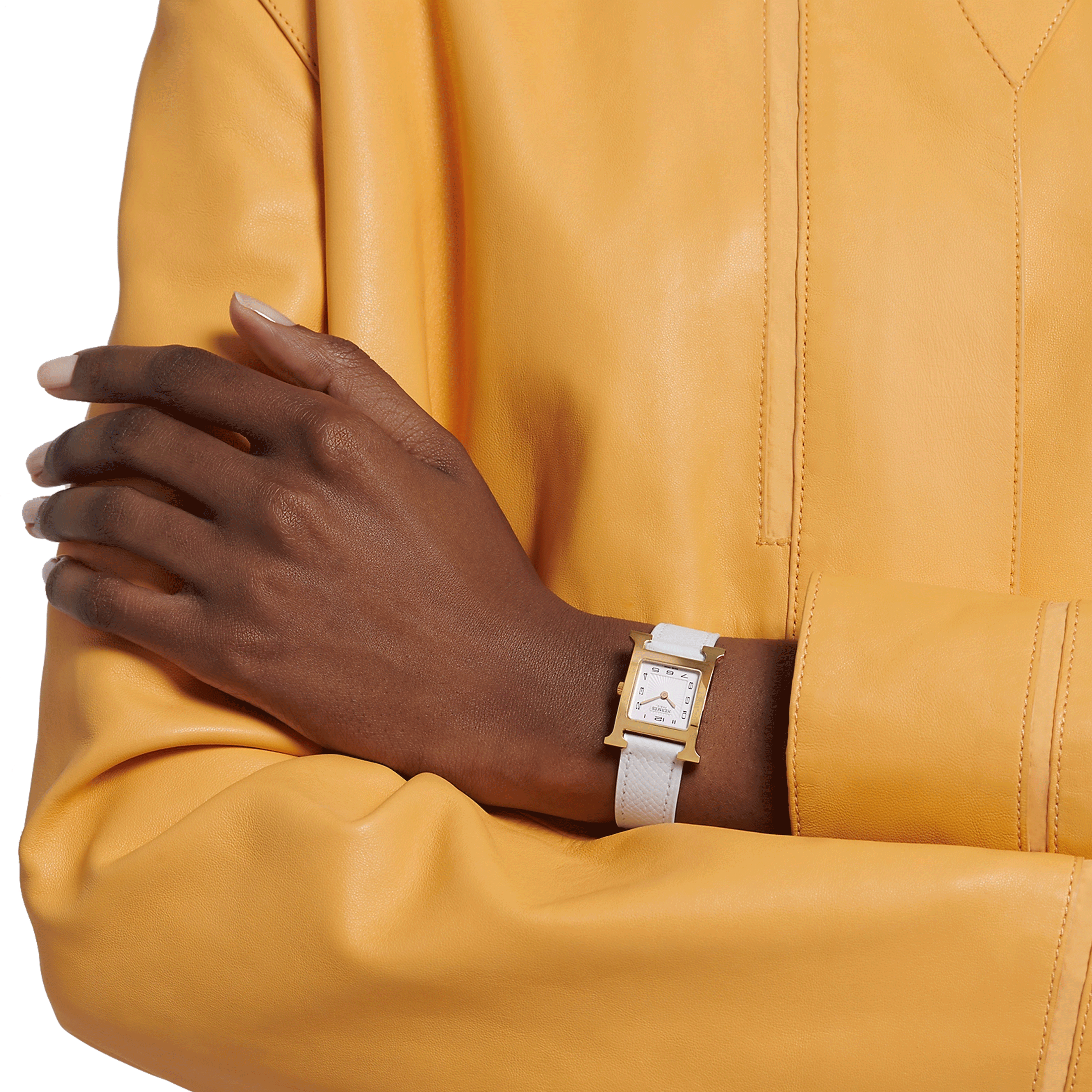 Montre HERMÈS Heure H Petit Modèle PVD quartz cadran blanc bracelet cuir blanc 25 mm W036735WW00