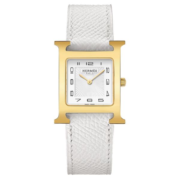 Montre HERMÈS Heure H Moyen Modèle PVD quartz cadran blanc bracelet cuir blanc 30 mm W052408WW00
