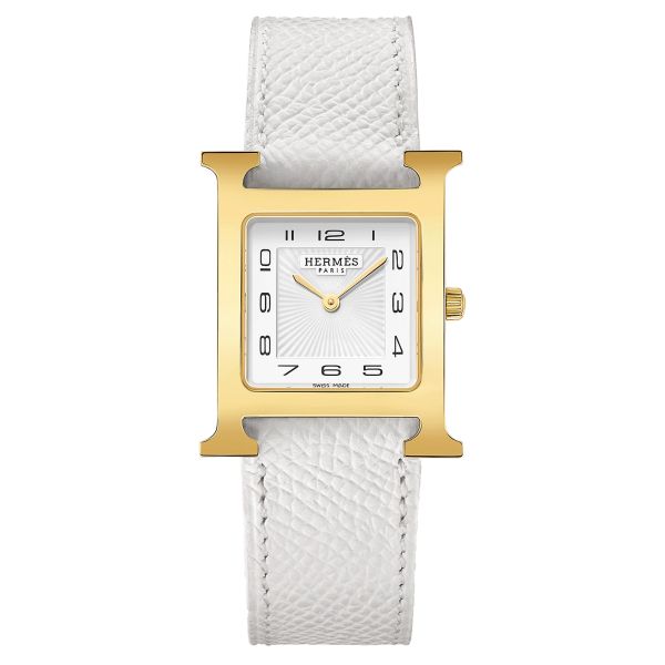 Montre HERMÈS Heure H Moyen Modèle PVD quartz cadran blanc bracelet cuir blanc 30 mm W052408WW00