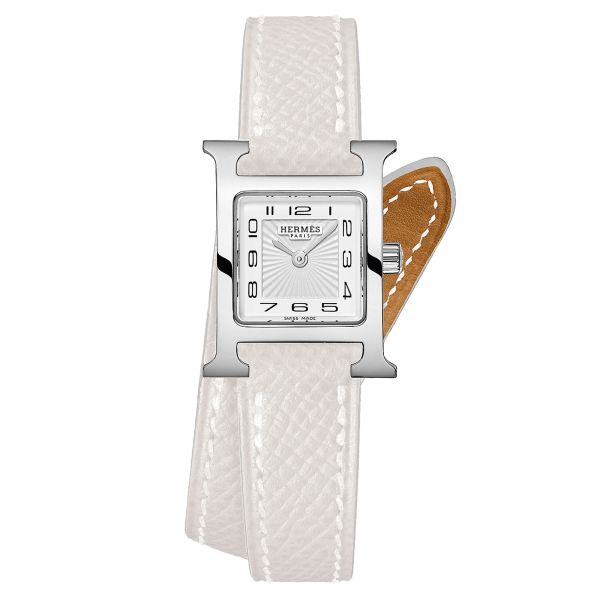 Montre HERMÈS Heure H Mini Modèle quartz cadran blanc bracelet double tour cuir blanc 21 mm W056557WW00