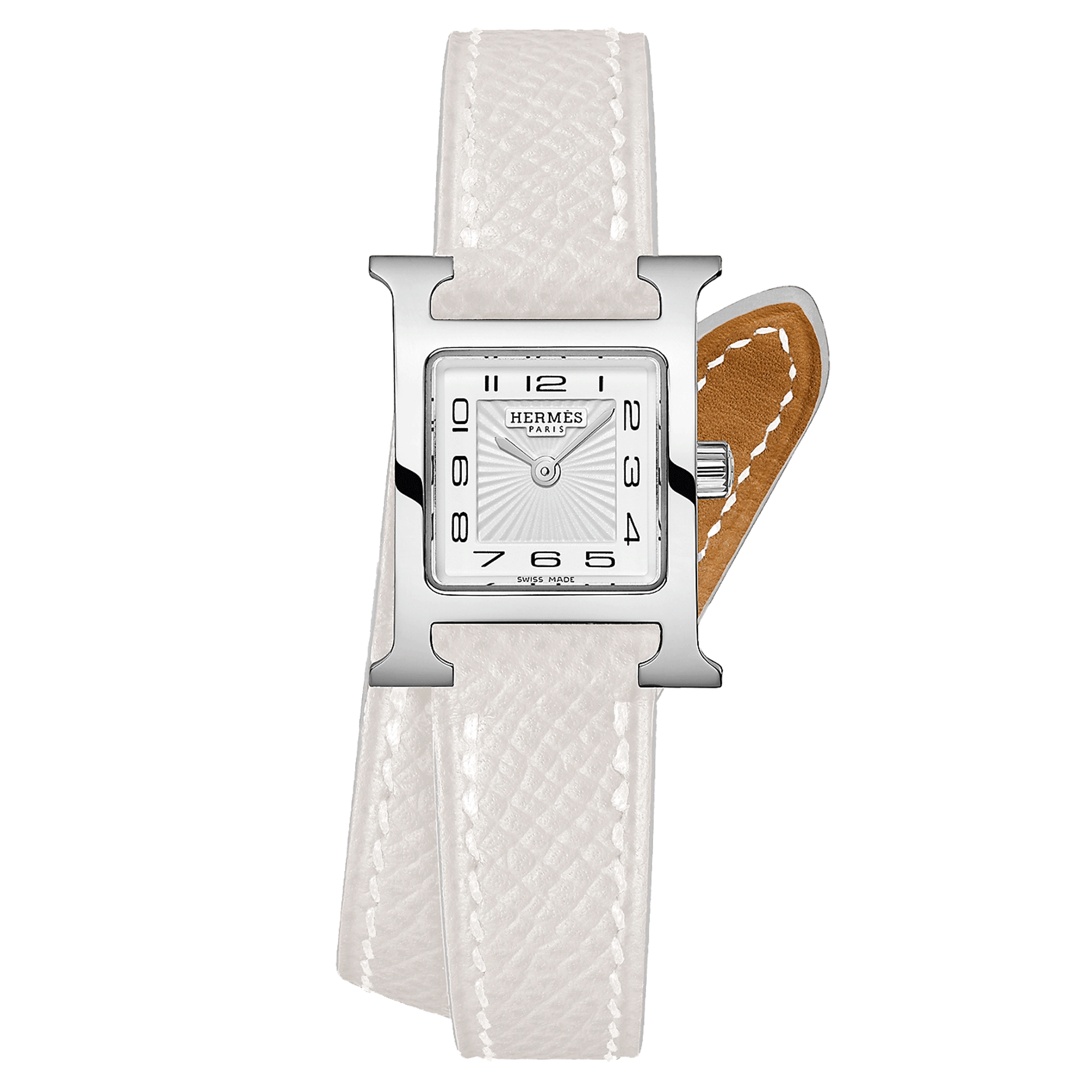 Montre HERMÈS Heure H Mini Modèle quartz cadran blanc bracelet double tour cuir blanc 21 mm W056557WW00