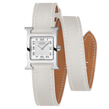 Montre HERMÈS Heure H Mini Modèle quartz cadran blanc bracelet double tour cuir blanc 21 mm W056557WW00