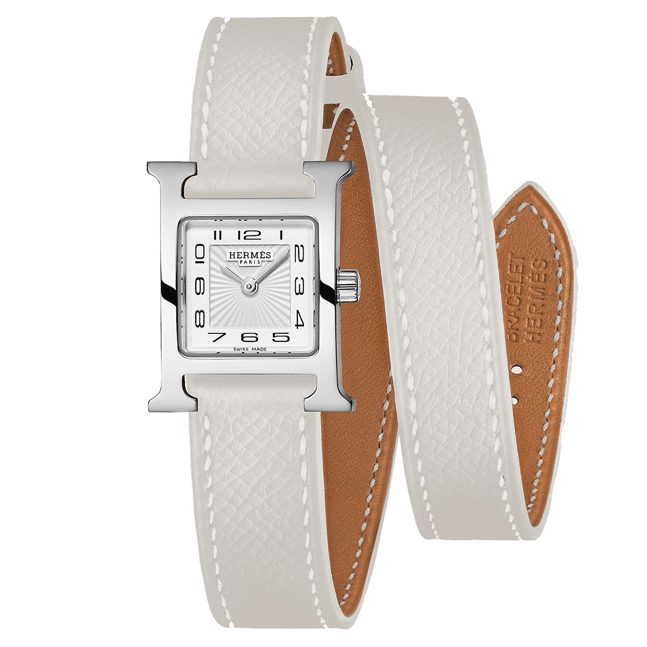Montre HERMÈS Heure H Mini Modèle quartz cadran blanc bracelet double tour cuir blanc 21 mm W056557WW00