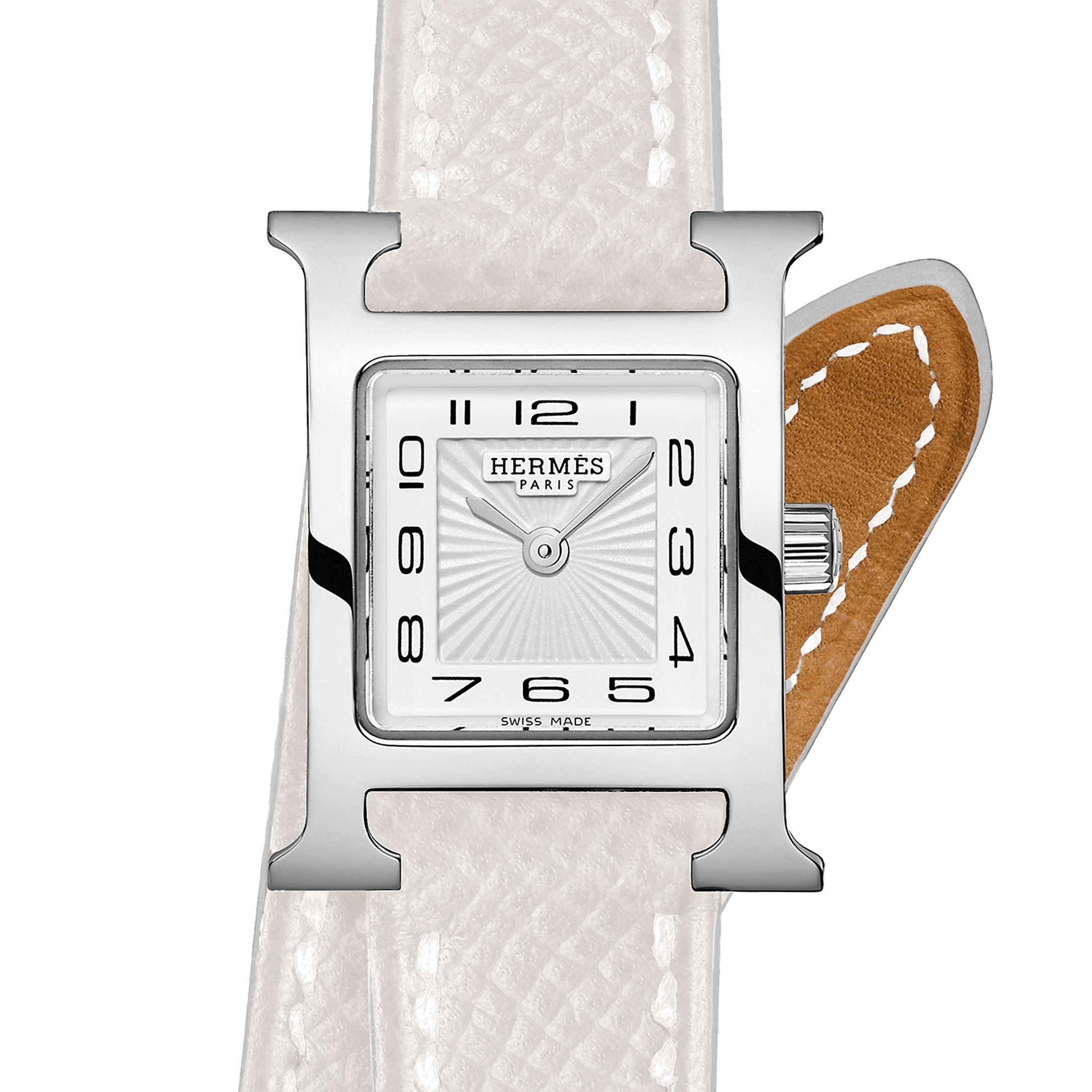 HERMÈS Heure H Mini Model quartz white dial white leather double tour strap 21 mm