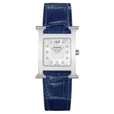 Montre HERMÈS Heure H Petit Modèle sertie quartz index diamants cadran nacre blanche bracelet cuir croco bleu 25 mm W057564WW00