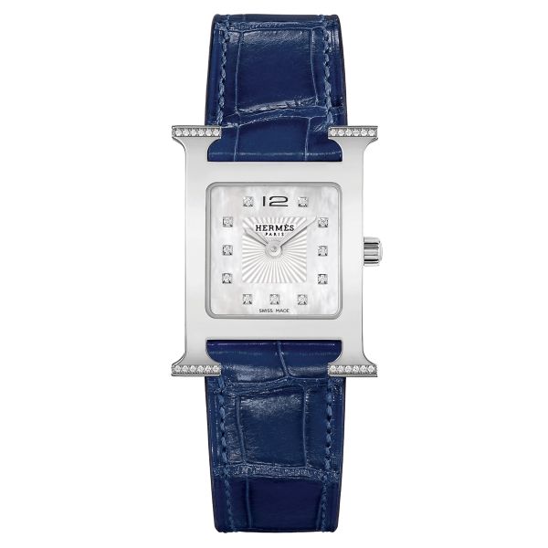 HERMÈS Heure H Small Model watch set quartz diamond hour markers white mother-of-pearl dial blue crocodile leather strap 25 mm