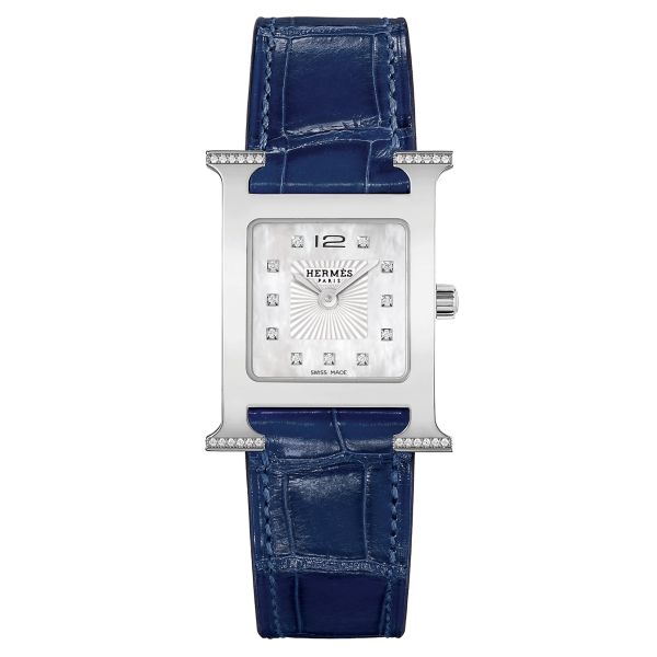 Montre HERMÈS Heure H Petit Modèle sertie quartz index diamants cadran nacre blanche bracelet cuir croco bleu 25 mm W057564WW00