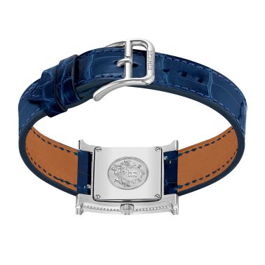 Montre HERMÈS Heure H Petit Modèle sertie quartz index diamants cadran nacre blanche bracelet cuir croco bleu 25 mm W057564WW00