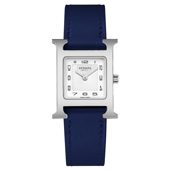 Montre HERMÈS Heure H Petit Modèle quartz cadran blanc bracelet cuir bleu 25 mm W055692WW00