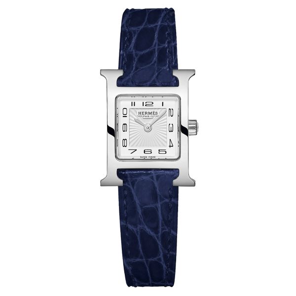 Montre HERMÈS Heure H Mini Modèle quartz cadran blanc bracelet cuir croco bleu 21 mm W055810WW00