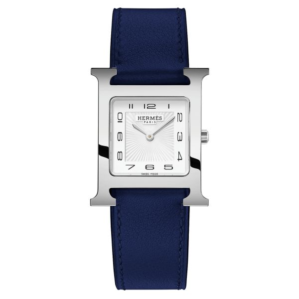 Montre HERMÈS Heure H Moyen Modèle quartz cadran blanc bracelet cuir bleu 30 mm W055229WW00