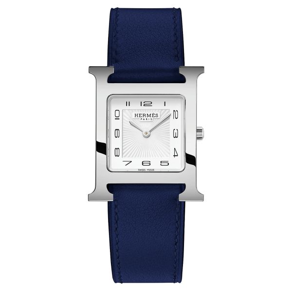 Montre HERMÈS Heure H Moyen Modèle quartz cadran blanc bracelet cuir bleu 30 mm W055229WW00