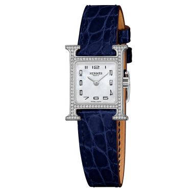 Montre HERMÈS Heure H Mini Modèle sertie quartz cadran nacre blanche bracelet cuir croco bleu 21 mm W055665WW00