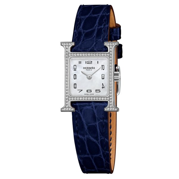 Montre HERMÈS Heure H Mini Modèle sertie quartz cadran nacre blanche bracelet cuir croco bleu 21 mm W055665WW00