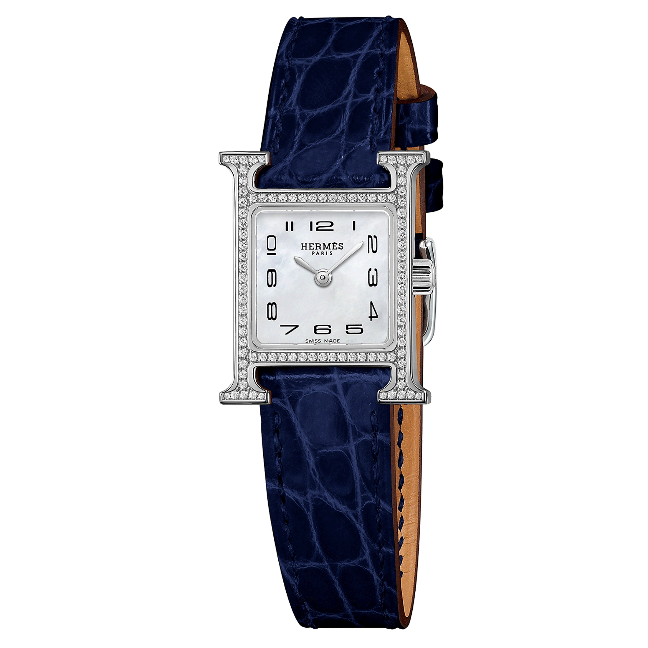 Montre HERMÈS Heure H Mini Modèle sertie quartz cadran nacre blanche bracelet cuir croco bleu 21 mm W055665WW00
