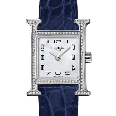Montre HERMÈS Heure H Mini Modèle sertie quartz cadran nacre blanche bracelet cuir croco bleu 21 mm W055665WW00