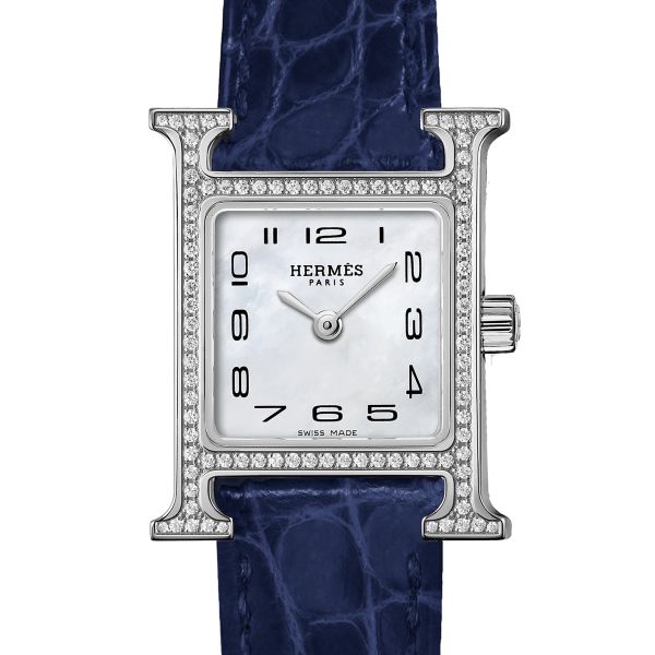 Montre HERMÈS Heure H Mini Modèle sertie quartz cadran nacre blanche bracelet cuir croco bleu 21 mm W055665WW00