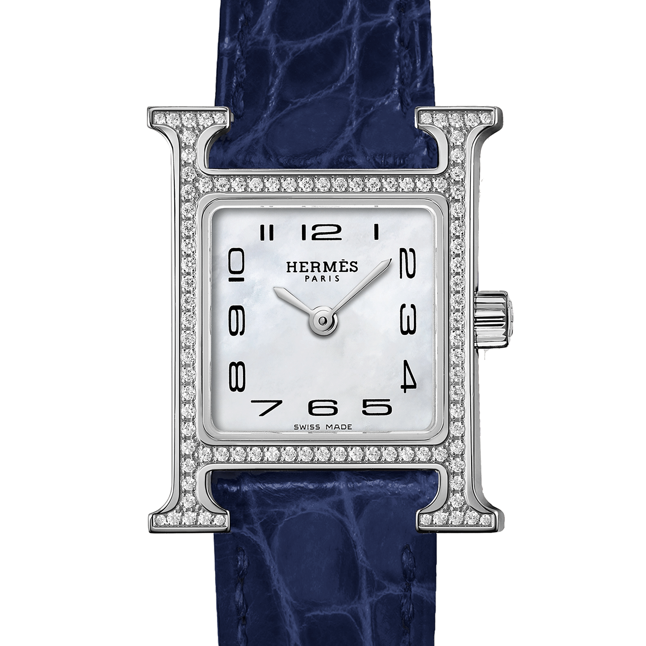 Montre HERMÈS Heure H Mini Modèle sertie quartz cadran nacre blanche bracelet cuir croco bleu 21 mm W055665WW00