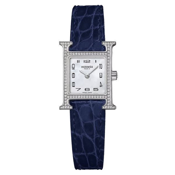 Montre HERMÈS Heure H Mini Modèle sertie quartz cadran nacre blanche bracelet cuir croco bleu 21 mm W055665WW00