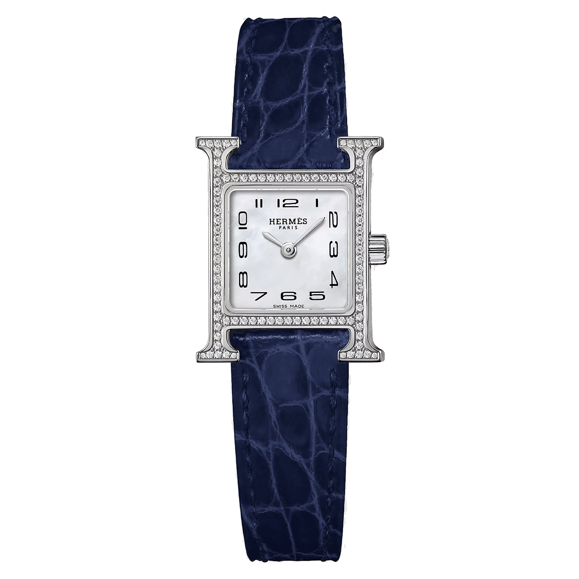 Montre HERMÈS Heure H Mini Modèle sertie quartz cadran nacre blanche bracelet cuir croco bleu 21 mm W055665WW00