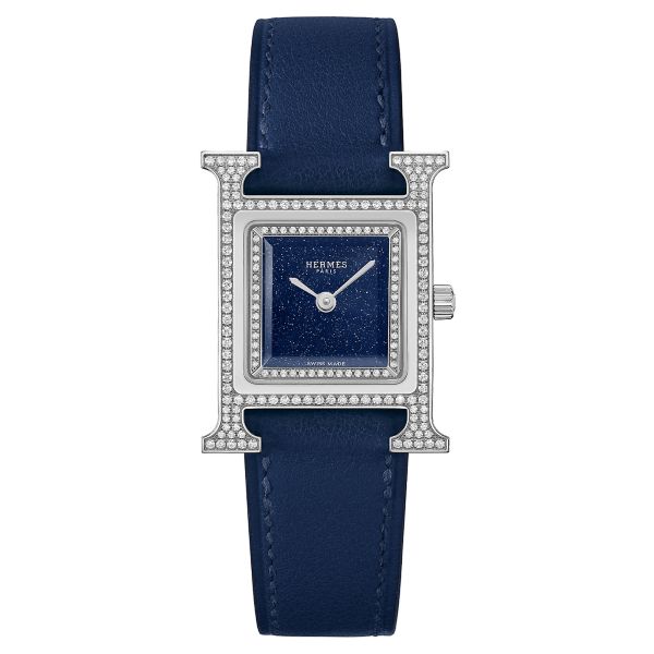 Montre HERMÈS Heure H Moyen Modèle sertie quartz cadran aventurine bleue bracelet cuir bleu 25 mm W054127WW00