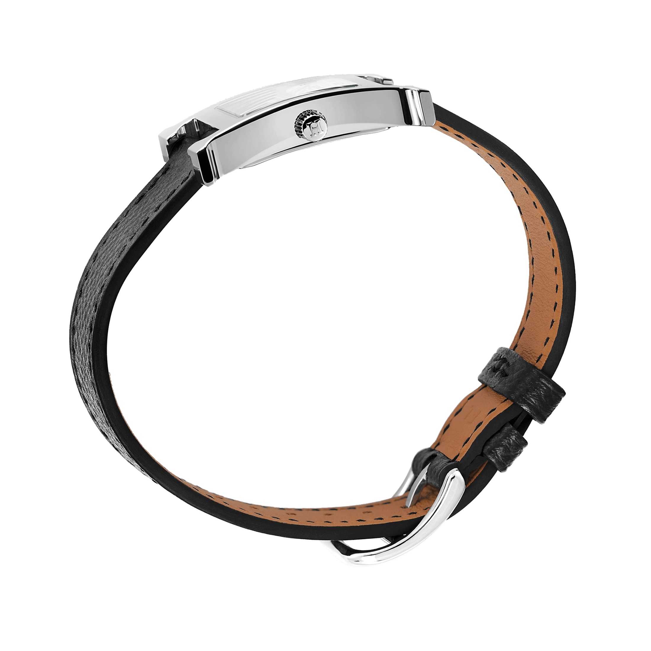 HERMÈS Heure H Small Model watch quartz white dial black leather strap 25 mm