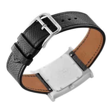 HERMÈS Heure H Small Model watch quartz white dial black leather strap 25 mm