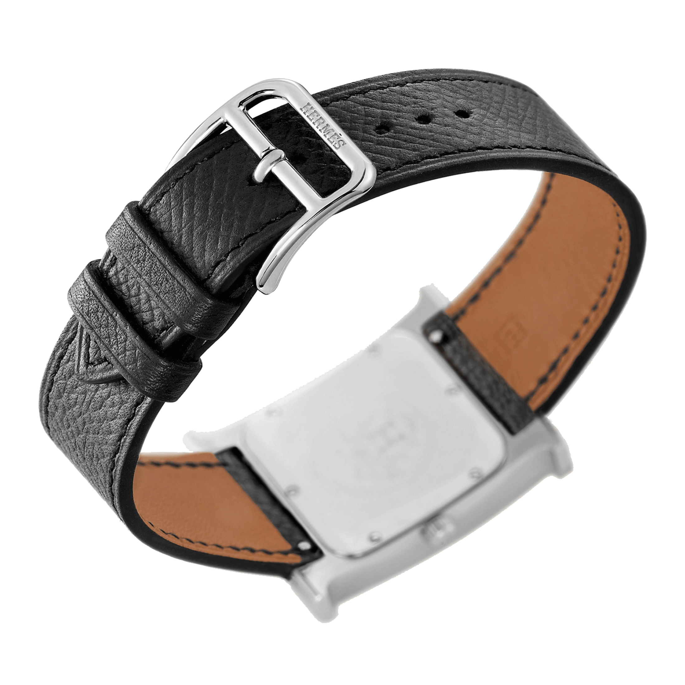 HERMÈS Heure H Small Model watch quartz white dial black leather strap 25 mm